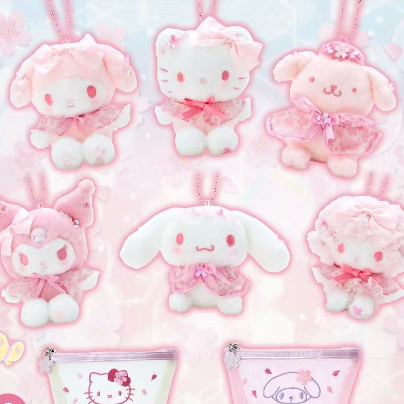 Sanrio｜2024樱花爱心限定毛绒挂件/美乐蒂/库洛米/玉桂狗/帕恰狗/凯蒂猫｜約幅11×奥行9.5×高さ13.5cm