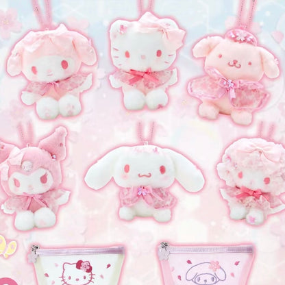 Sanrio｜2024樱花爱心限定毛绒挂件/美乐蒂/库洛米/玉桂狗/帕恰狗/凯蒂猫｜約幅11×奥行9.5×高さ13.5cm