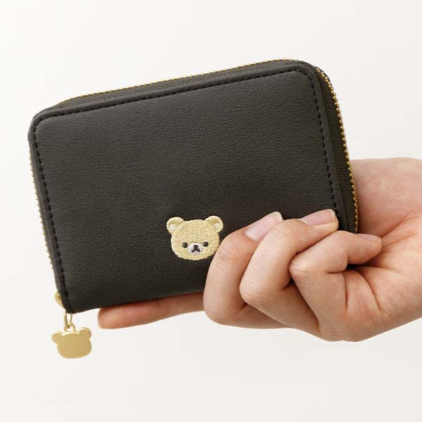 Rilakkuma轻松熊｜Favorite Things Wallet Gray San-X皮质感刺绣图案拉链多层零钱包/卡包/金属熊头拉链扣｜约85×120×30mm