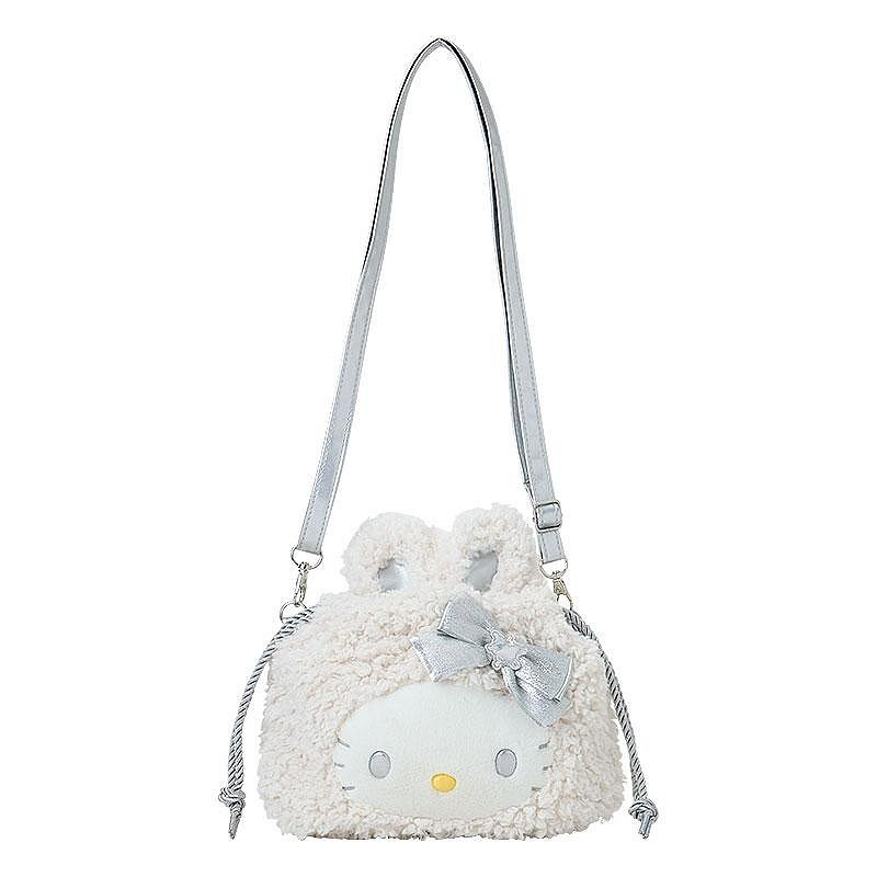 Sanrio三丽鸥｜2WAY Drawstring Shoulder Bag / Fluffy Snow Rabbit冬日毛茸茸银白初雪小兔系列可爱角色两用抽绳束口斜挎包/手拿包/背后有小尾巴｜约幅28×奥行8×高さ25cm