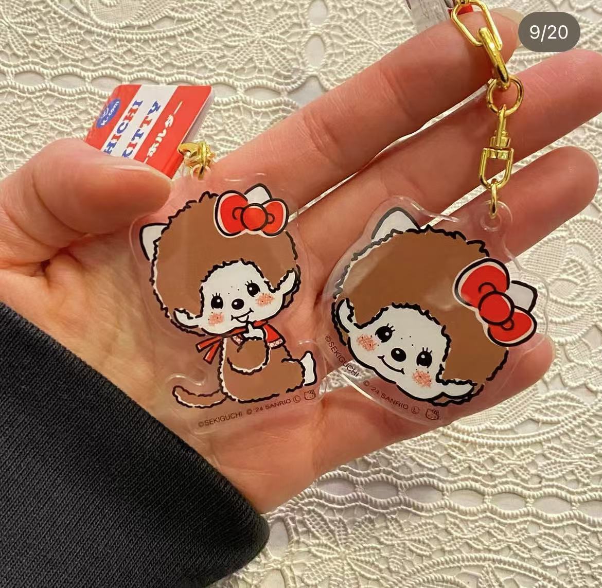 Monchhichi｜Sanrio Hello Kitty Acrylic Mascot Keychain｜4.9 x 4.3 x 1.0cm approx.