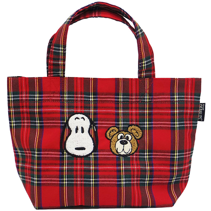 Snoopy史努比｜Snoopy &amp; Bear Check Mini Tote Bag展会限定红色格子迷你托特包/收纳包｜约20cm×30cm×10cm