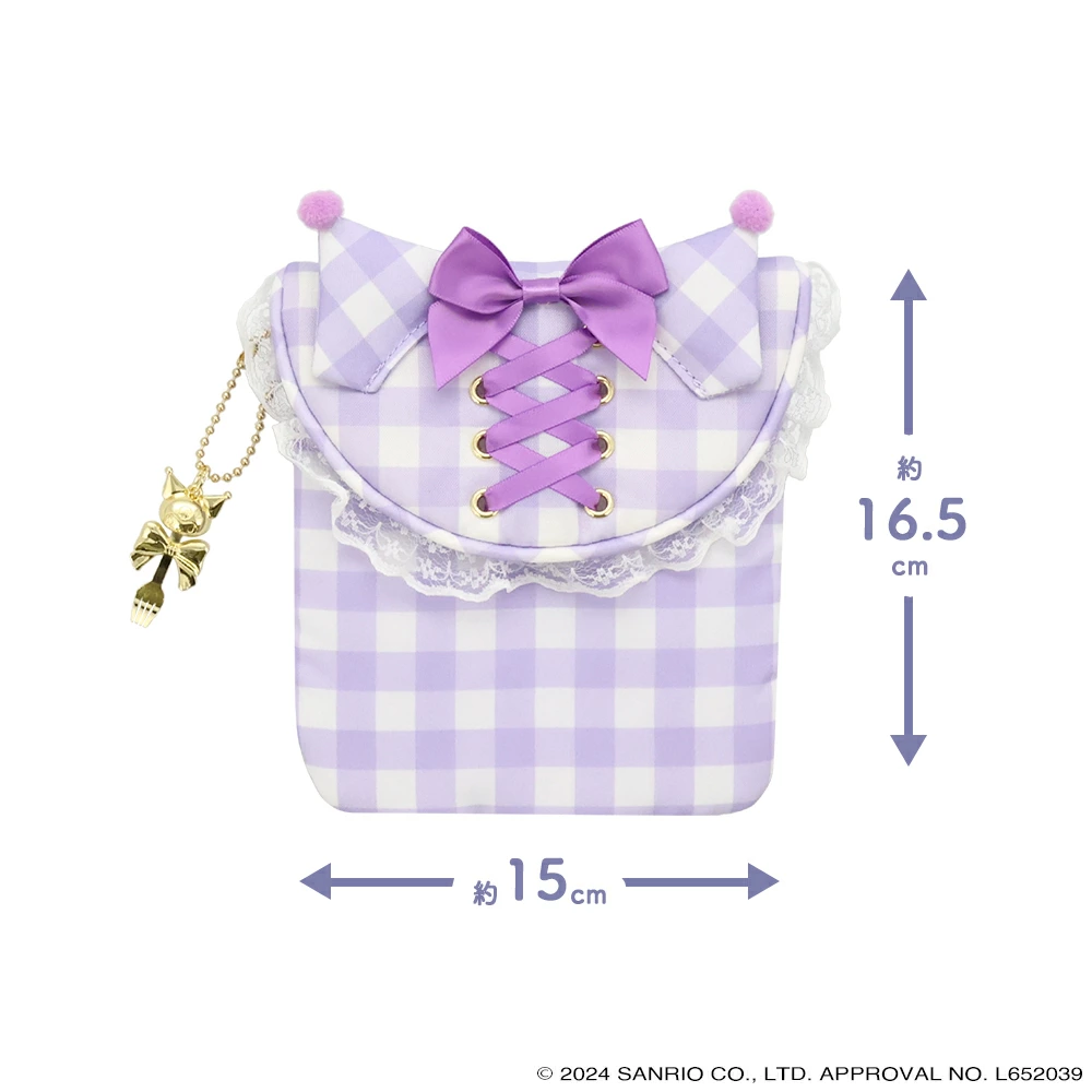 Sanrio三丽鸥｜Kuromi库洛米生日限定紫色洛丽塔系列丝带蝴蝶结格纹迷你化妆包/卡包/收纳包/魔法权杖吊饰｜约15×2.2×16.5cm