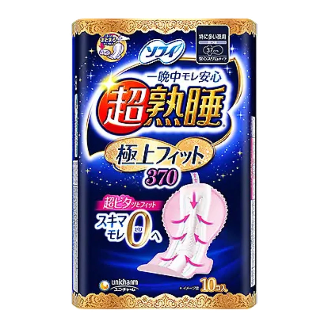 Unicharm｜苏菲370尤妮佳温柔肌纤超贴合夜用卫生巾37cm｜10片