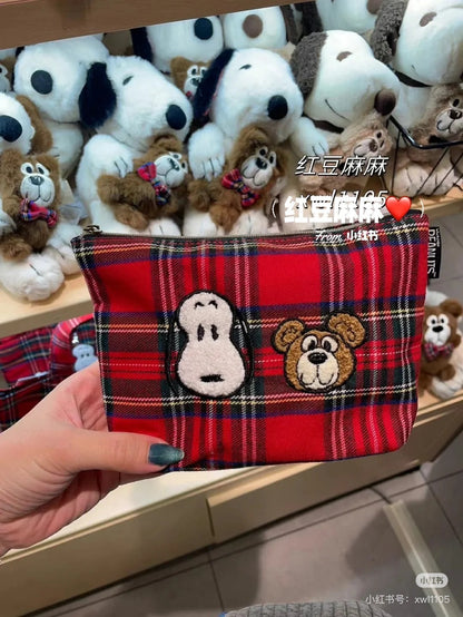 Snoopy史努比｜Snoopy &amp; Bear Check Mini Tote Bag展会限定红色格子迷你托特包/收纳包｜约20cm×30cm×10cm