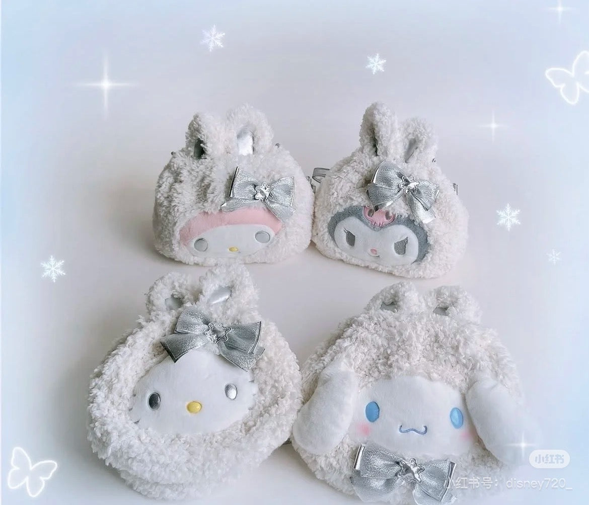 Sanrio三丽鸥｜2WAY Drawstring Shoulder Bag / Fluffy Snow Rabbit冬日毛茸茸银白初雪小兔系列可爱角色两用抽绳束口斜挎包/手拿包/背后有小尾巴｜约幅28×奥行8×高さ25cm