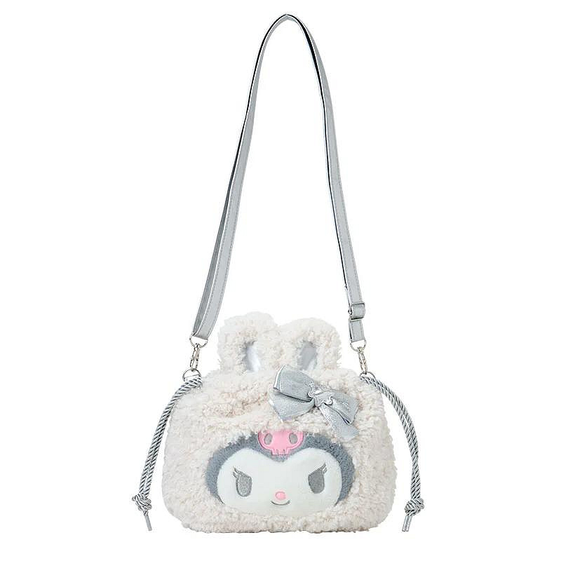 Sanrio三丽鸥｜2WAY Drawstring Shoulder Bag / Fluffy Snow Rabbit冬日毛茸茸银白初雪小兔系列可爱角色两用抽绳束口斜挎包/手拿包/背后有小尾巴｜约幅28×奥行8×高さ25cm