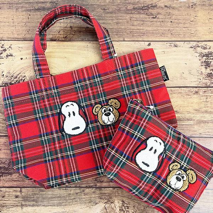 Snoopy史努比｜Snoopy &amp; Bear Check Mini Tote Bag展会限定红色格子迷你托特包/收纳包｜约20cm×30cm×10cm