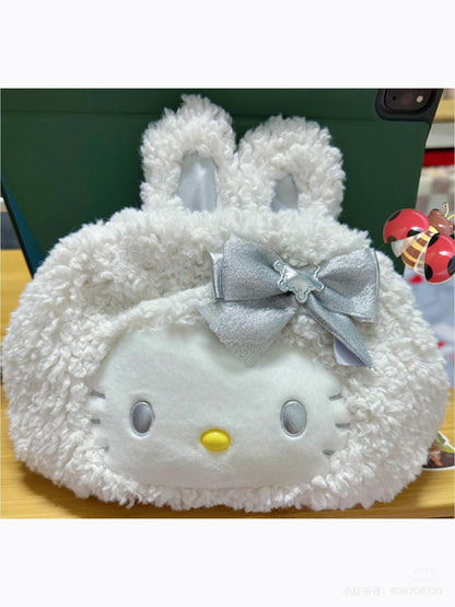 Sanrio三丽鸥｜2WAY Drawstring Shoulder Bag / Fluffy Snow Rabbit冬日毛茸茸银白初雪小兔系列可爱角色两用抽绳束口斜挎包/手拿包/背后有小尾巴｜约幅28×奥行8×高さ25cm