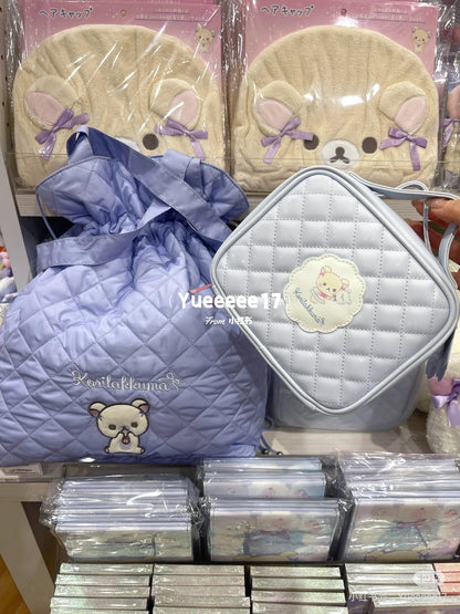 Rilakkuma轻松熊｜Korilakkuma Tote Bag Blue Gray Sky Cotton Candy San-X天空白云棉花糖系列菱格纹抽绳单肩包｜约430×420×120mm