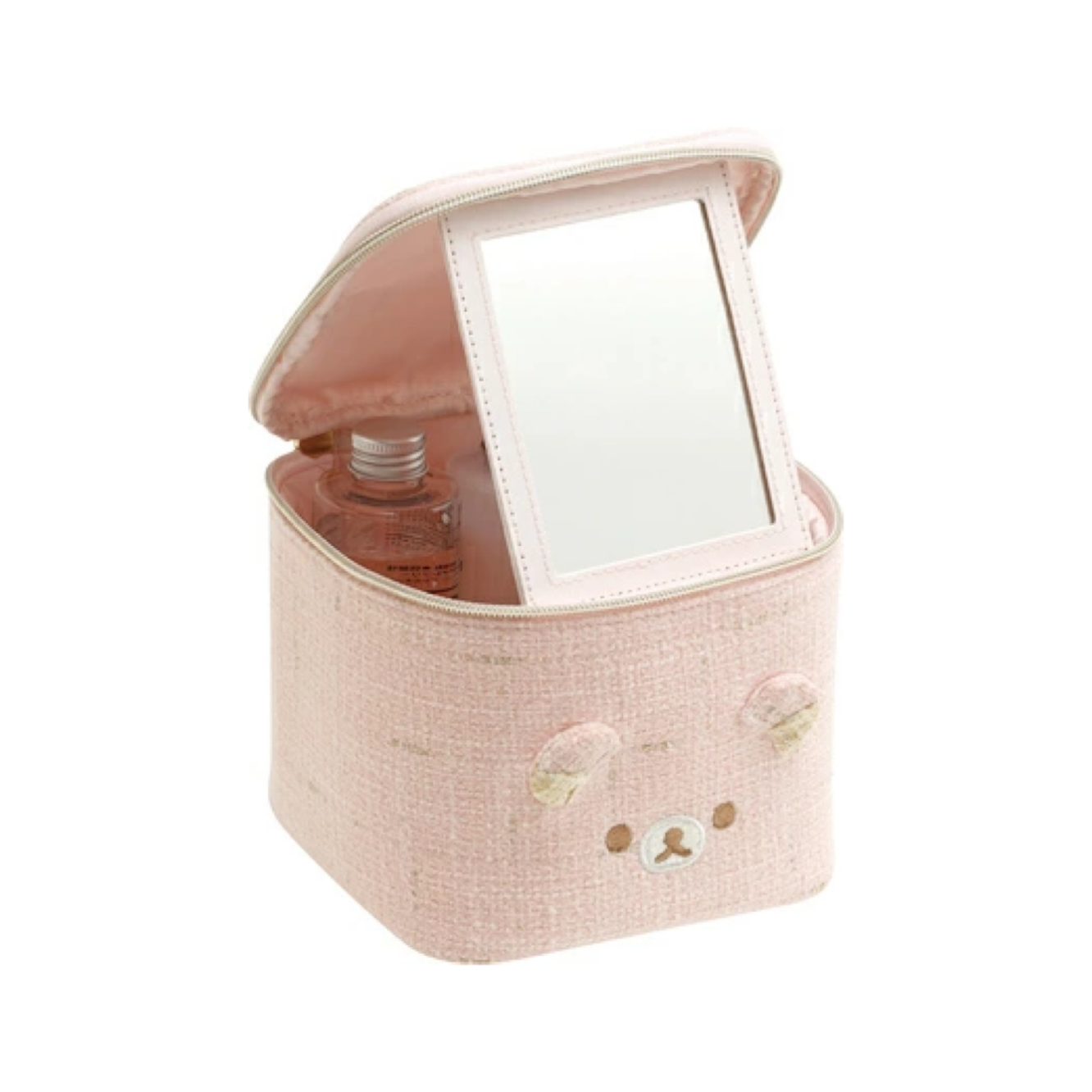 Rilakkuma轻松熊｜San-X Tweed Vanity Pouch - Rilakkuma / Wonderful House奇妙屋粉色粗花呢子小香风带镜子化妆包/收纳包｜约145 x 160 x 160 mm