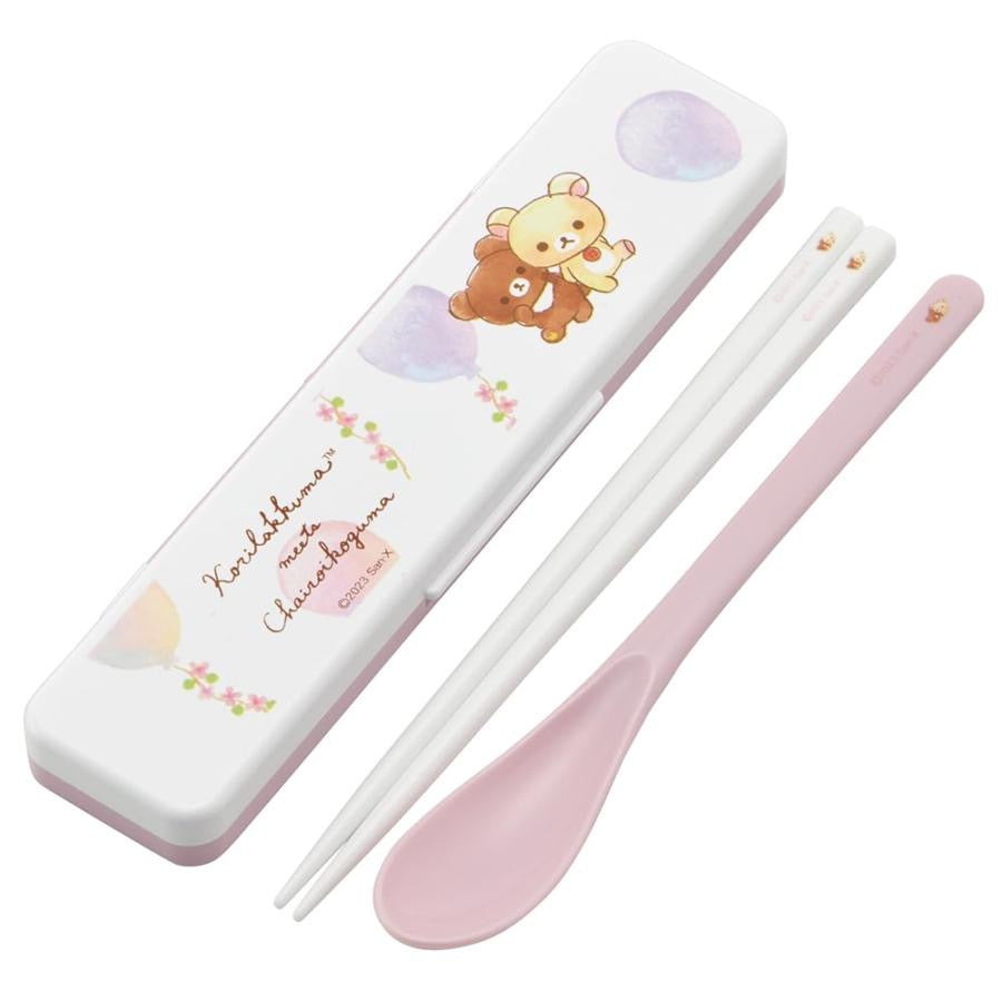 Rilakkuma轻松熊｜Chopsticks 18cm &amp; Spoon with Case - Korilakkuma &amp; Chairoikoguma小棕熊小白熊筷子+勺便携式抗菌静音餐具套装｜约188×47×18mm