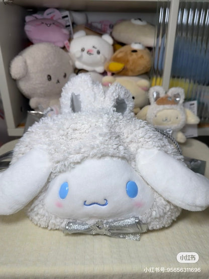 Sanrio三丽鸥｜2WAY Drawstring Shoulder Bag / Fluffy Snow Rabbit冬日毛茸茸银白初雪小兔系列可爱角色两用抽绳束口斜挎包/手拿包/背后有小尾巴｜约幅28×奥行8×高さ25cm