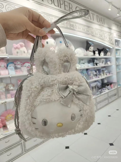 Sanrio三丽鸥｜2WAY Drawstring Shoulder Bag / Fluffy Snow Rabbit冬日毛茸茸银白初雪小兔系列可爱角色两用抽绳束口斜挎包/手拿包/背后有小尾巴｜约幅28×奥行8×高さ25cm