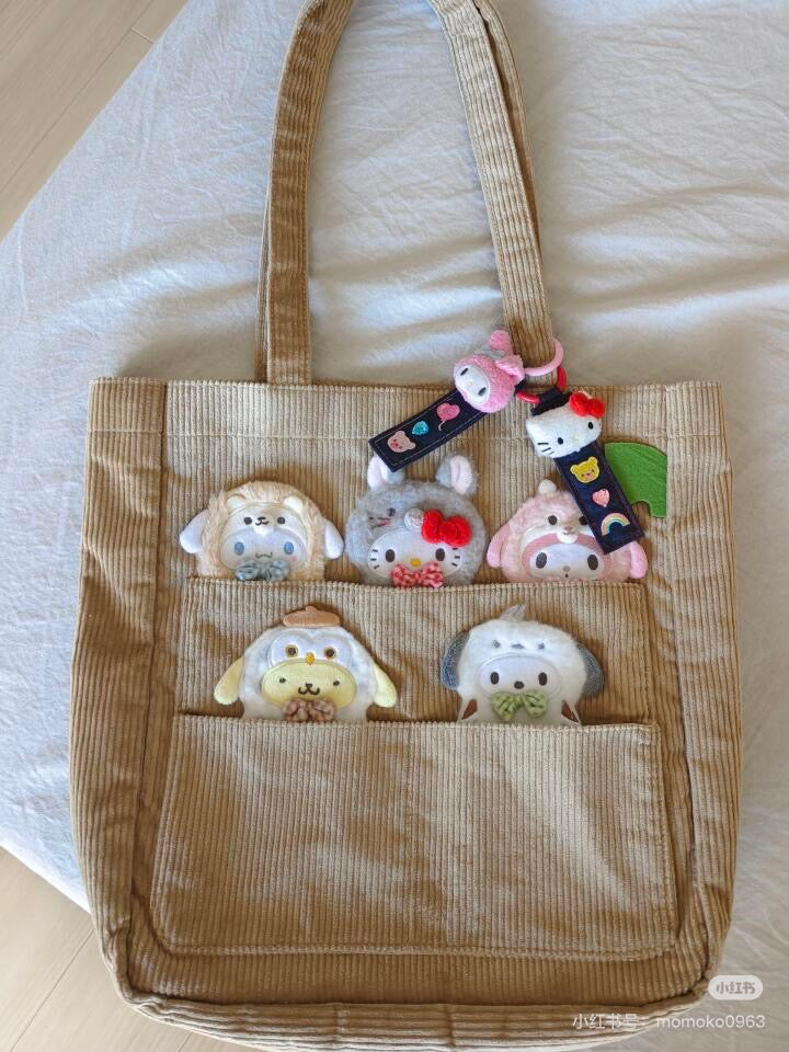 Sanrio三丽鸥｜Tote Bag/Forest Small Animals秋日森林小动物系列条纹灯芯绒托特包/单肩包｜约31×9×32cm