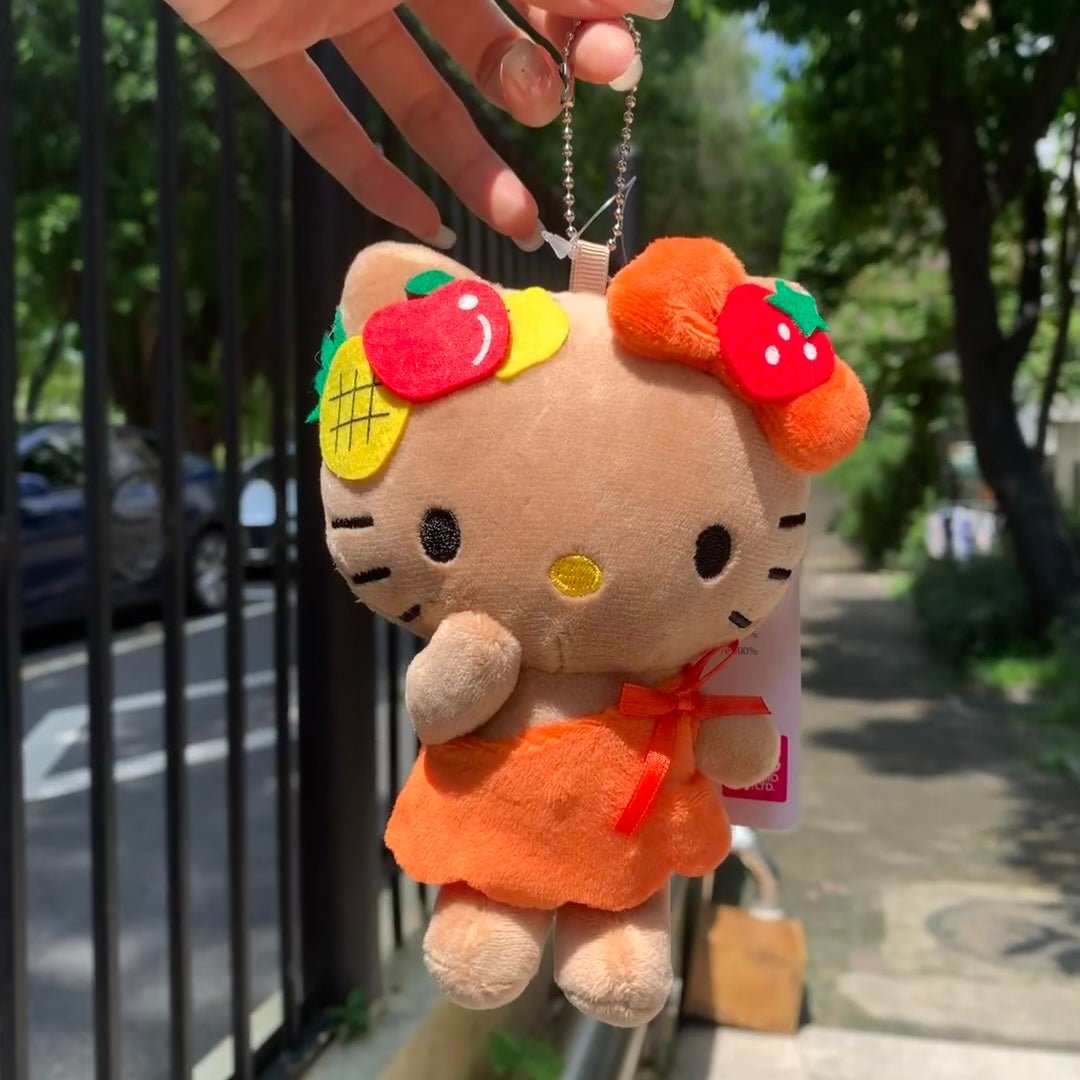 Sanrio三丽鸥｜HAWAII 夏威夷Hello kitty50周年限定黑皮橘色短裙玩偶挂件/包挂