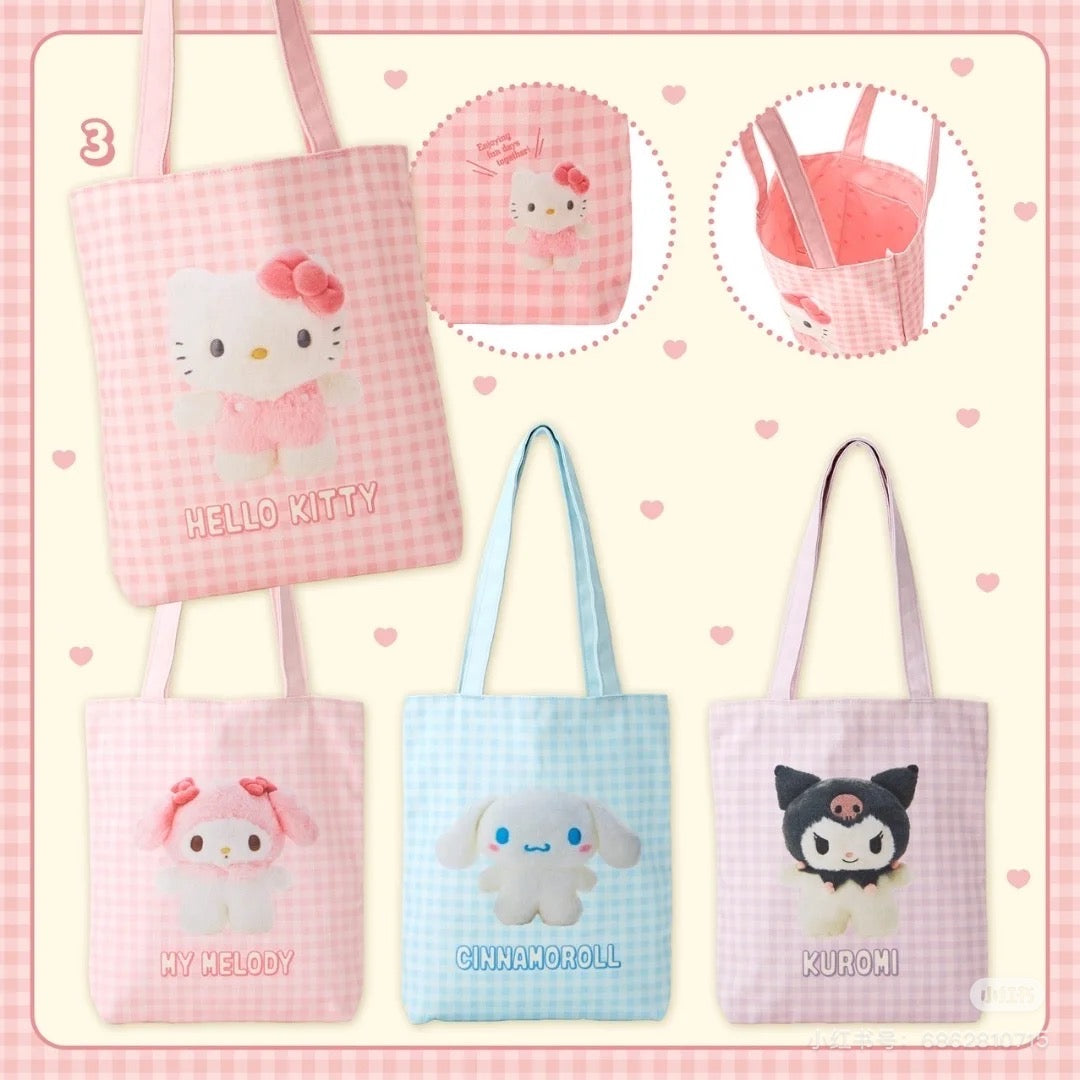 Sanrio｜ Tote Bag - Pitatto Friends Photo多巴胺格纹系列可爱角色帆布包｜约29×5×32cm