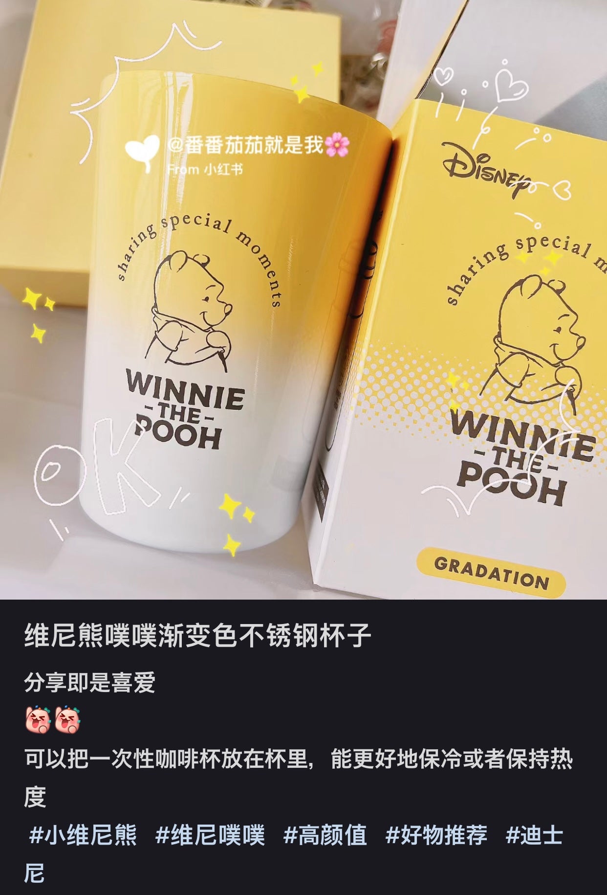 Disney｜噗噗小熊维尼/winnie the pooh变色2用不锈钢保温杯/可直接喝/也可把一次性塑料杯放里面保温保冷｜約460ml