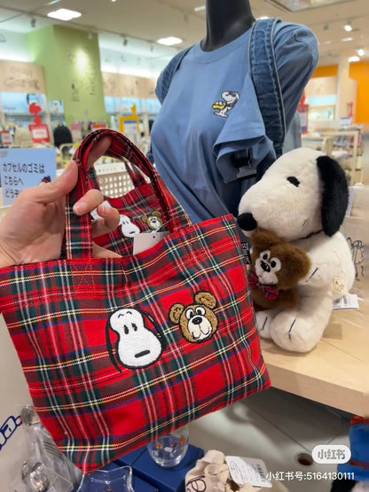 Snoopy史努比｜Snoopy &amp; Bear Check Mini Tote Bag展会限定红色格子迷你托特包/收纳包｜约20cm×30cm×10cm