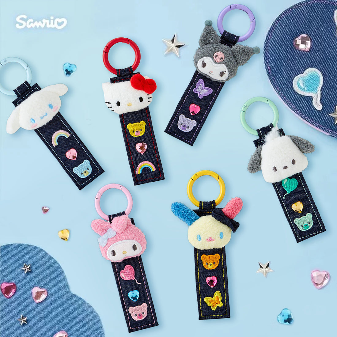 Sanrio三丽鸥｜Tag Keychain/ Denim Patch牛仔丹宁贴布系列吊牌钥匙扣/包挂/反面有名字刺绣｜约18.3 x 6.0 x 2.2cm