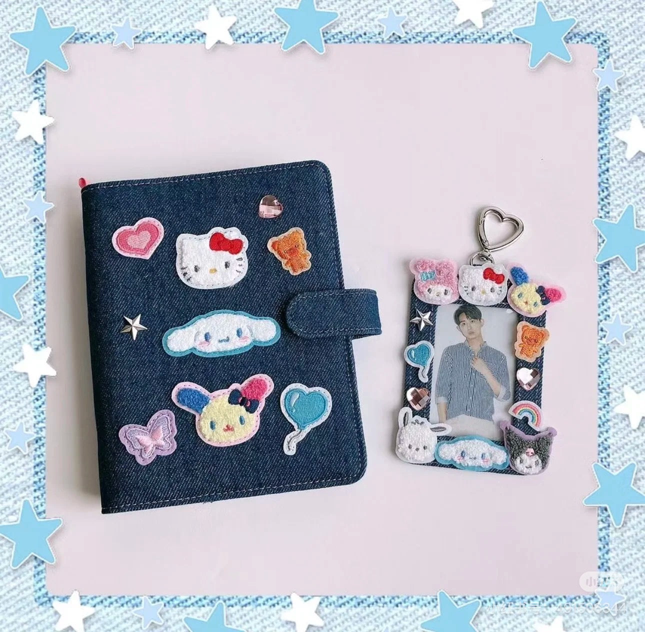 Sanrio三丽鸥｜Pass Card Case/Denim Patch牛仔丹宁贴布系列应援卡包/可爱心形扣｜约15.8 x 10.6 x 1.9cm