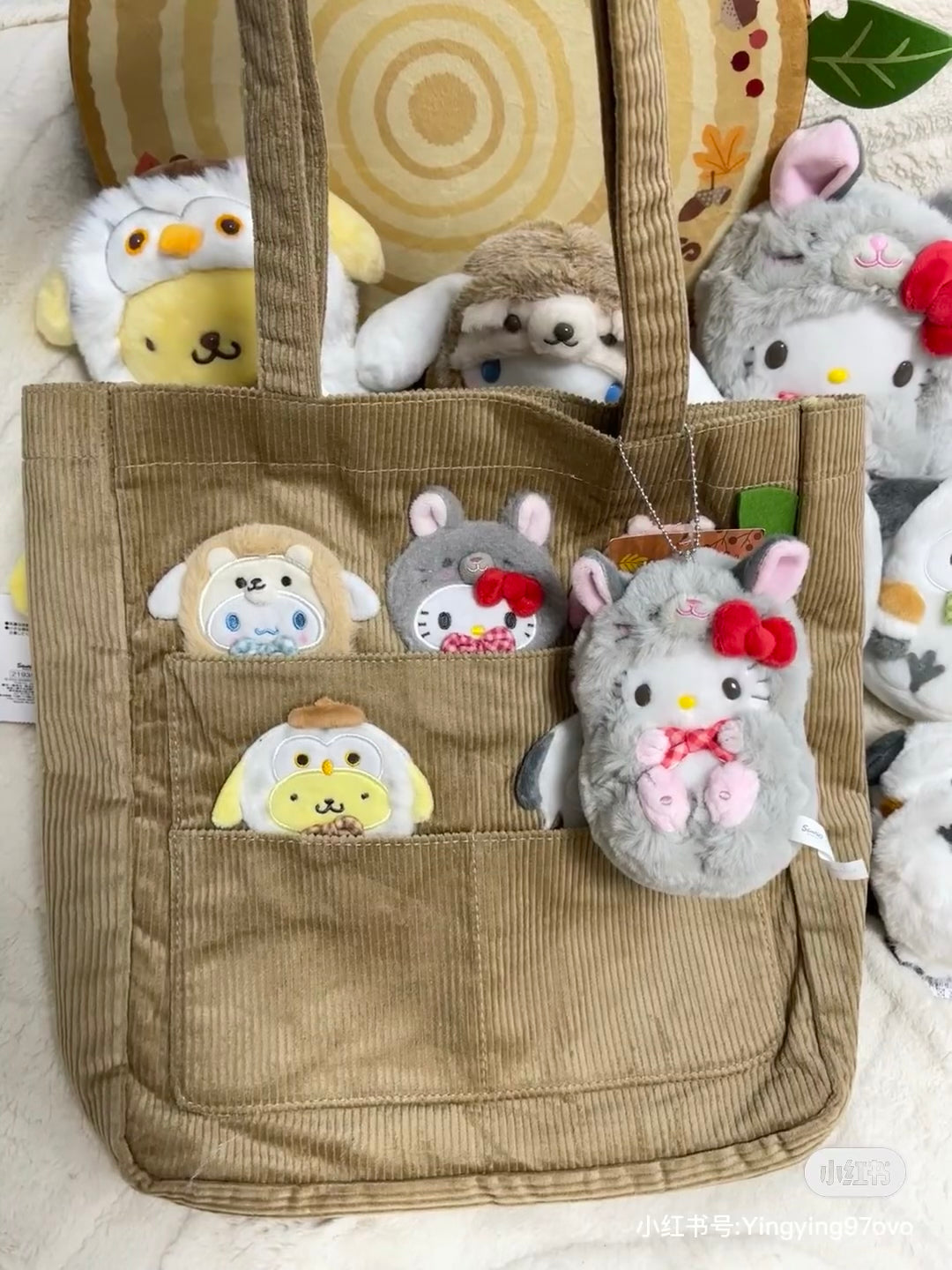 Sanrio三丽鸥｜Tote Bag/Forest Small Animals秋日森林小动物系列条纹灯芯绒托特包/单肩包｜约31×9×32cm