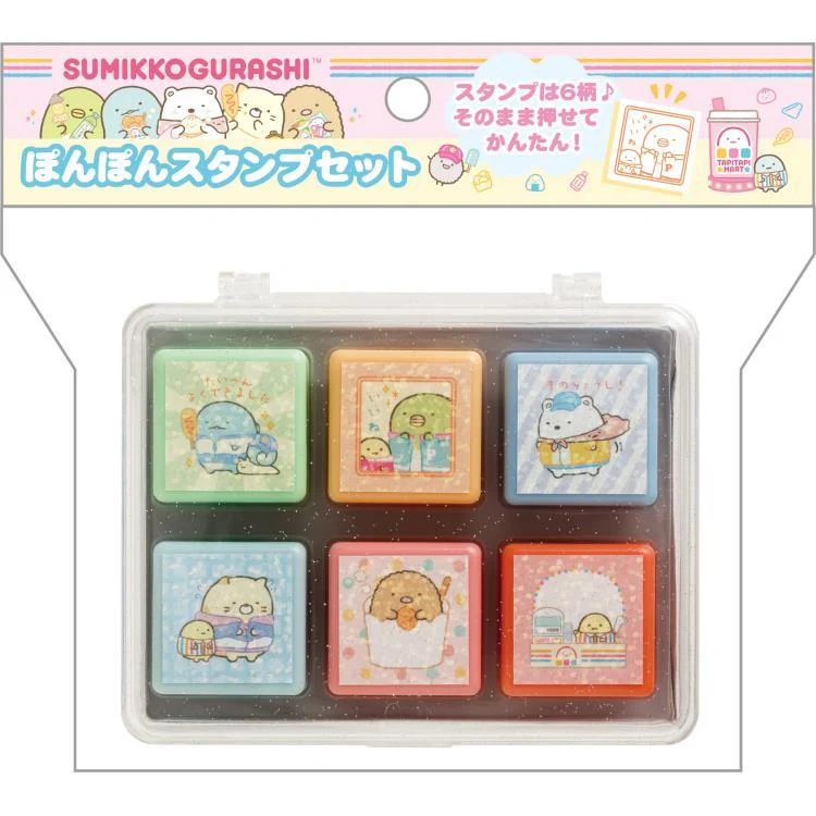 Sumikko gurashi角落生物｜San-x Sumikko Gurashi Stamp 哇哇哇木薯便利店系列6色闪闪印章套组｜约3.5 x 15.0 x 12.5cm