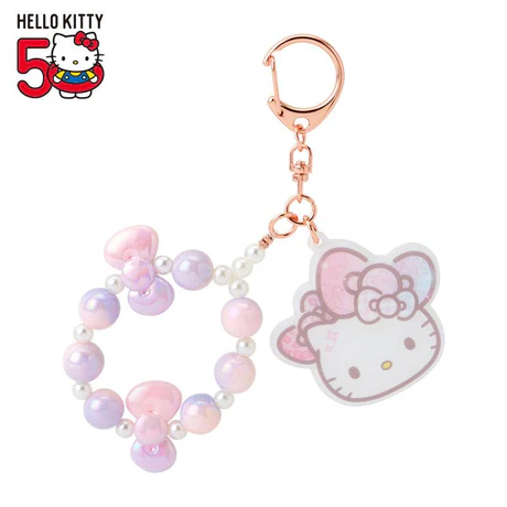 HelloKitty凯蒂猫｜Keychain Key Holder Birthday 50th Fashionable Ribbons Sanrio50周年生日限定彩虹渐变偏光色蝴蝶结串珠+珍珠贝母脸型吊饰钥匙扣/挂件｜约W7×D0.5×H7cm