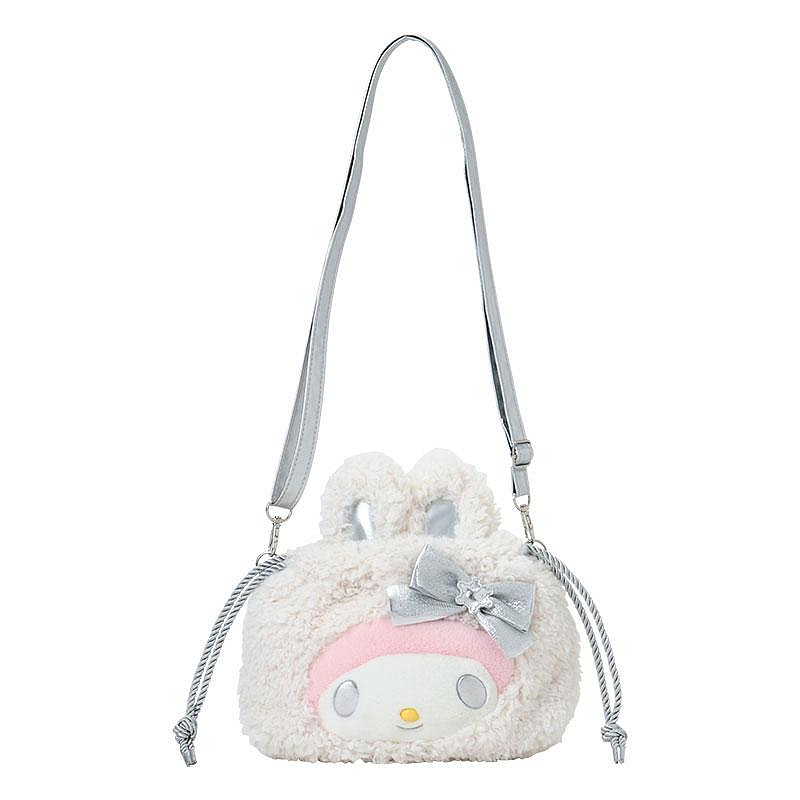 Sanrio三丽鸥｜2WAY Drawstring Shoulder Bag / Fluffy Snow Rabbit冬日毛茸茸银白初雪小兔系列可爱角色两用抽绳束口斜挎包/手拿包/背后有小尾巴｜约幅28×奥行8×高さ25cm