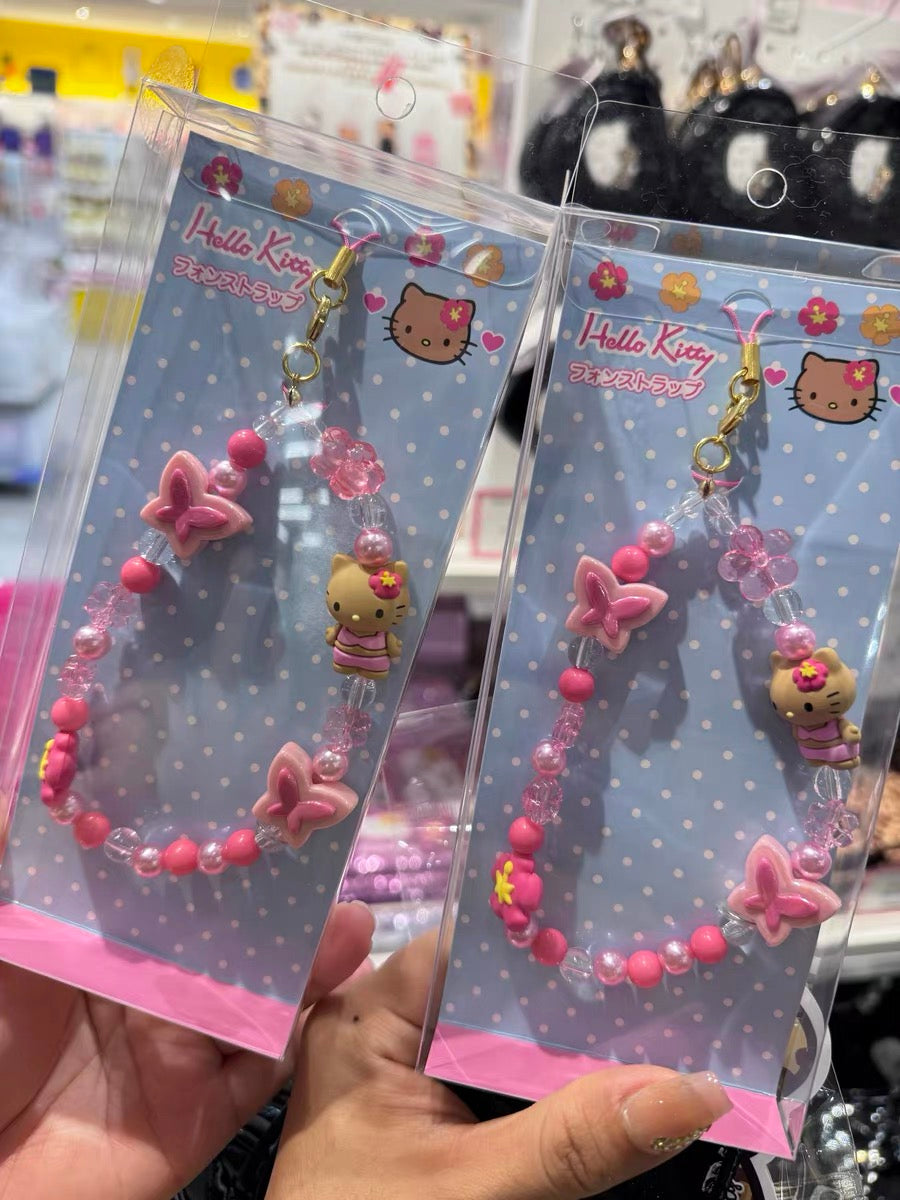 Sanrio三丽鸥｜90s Phone Strap - Hello Kitty / Gogo Gal Collection Tan 复古90年代凯蒂猫偏光串珠手机挂链吊饰/｜约5.5×1.3×12.5m