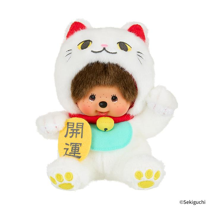 Monchhichi｜White Maneki Neko Lucky Cat Costume Monkey Doll Toy｜H18×W18×D11cm approx.