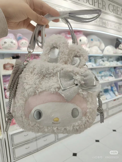 Sanrio三丽鸥｜2WAY Drawstring Shoulder Bag / Fluffy Snow Rabbit冬日毛茸茸银白初雪小兔系列可爱角色两用抽绳束口斜挎包/手拿包/背后有小尾巴｜约幅28×奥行8×高さ25cm