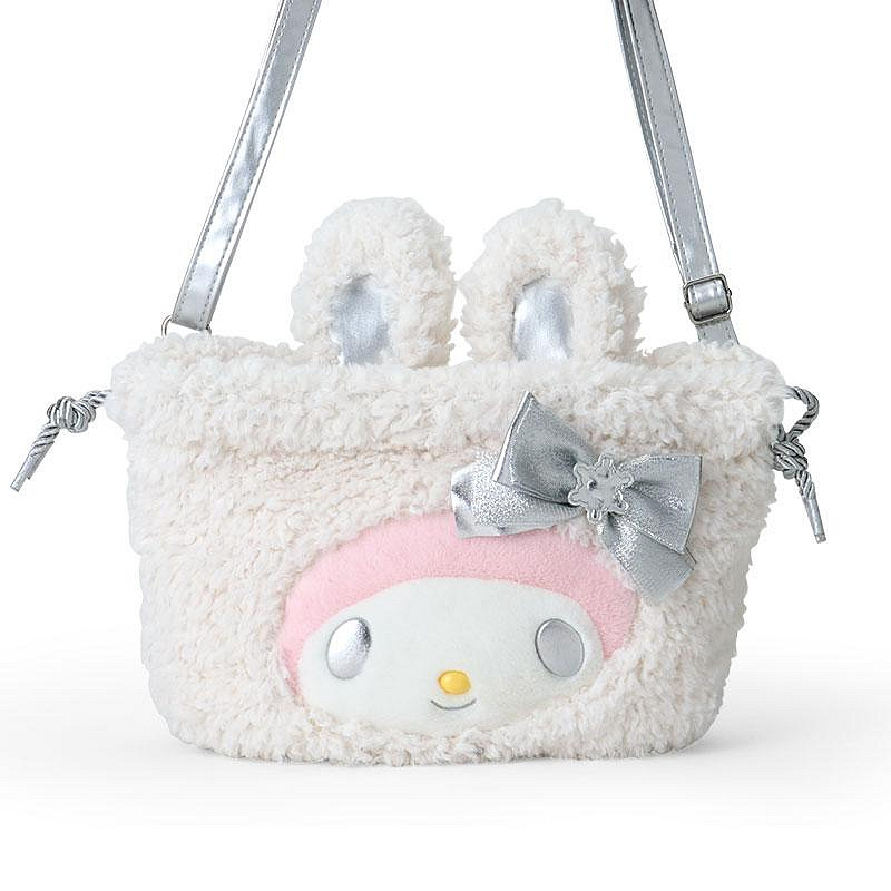 Sanrio三丽鸥｜2WAY Drawstring Shoulder Bag / Fluffy Snow Rabbit冬日毛茸茸银白初雪小兔系列可爱角色两用抽绳束口斜挎包/手拿包/背后有小尾巴｜约幅28×奥行8×高さ25cm