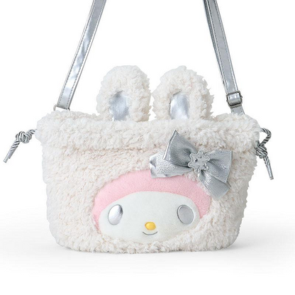 Sanrio三丽鸥｜2WAY Drawstring Shoulder Bag / Fluffy Snow Rabbit冬日毛茸茸银白初雪小兔系列可爱角色两用抽绳束口斜挎包/手拿包/背后有小尾巴｜约幅28×奥行8×高さ25cm