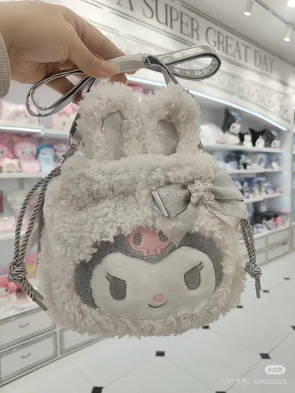 Sanrio三丽鸥｜2WAY Drawstring Shoulder Bag / Fluffy Snow Rabbit冬日毛茸茸银白初雪小兔系列可爱角色两用抽绳束口斜挎包/手拿包/背后有小尾巴｜约幅28×奥行8×高さ25cm